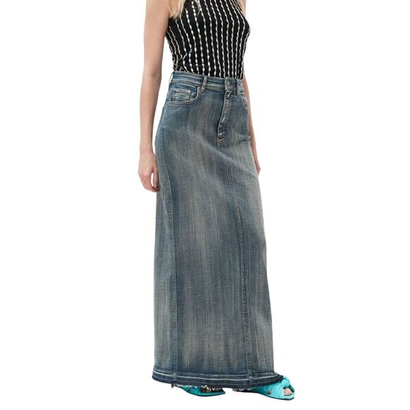 Ganni Tint Edge Denim Maxi Skirt Slit Back High Waist Pencil Distressed SZ 38 6 - Picture 1 of 9
